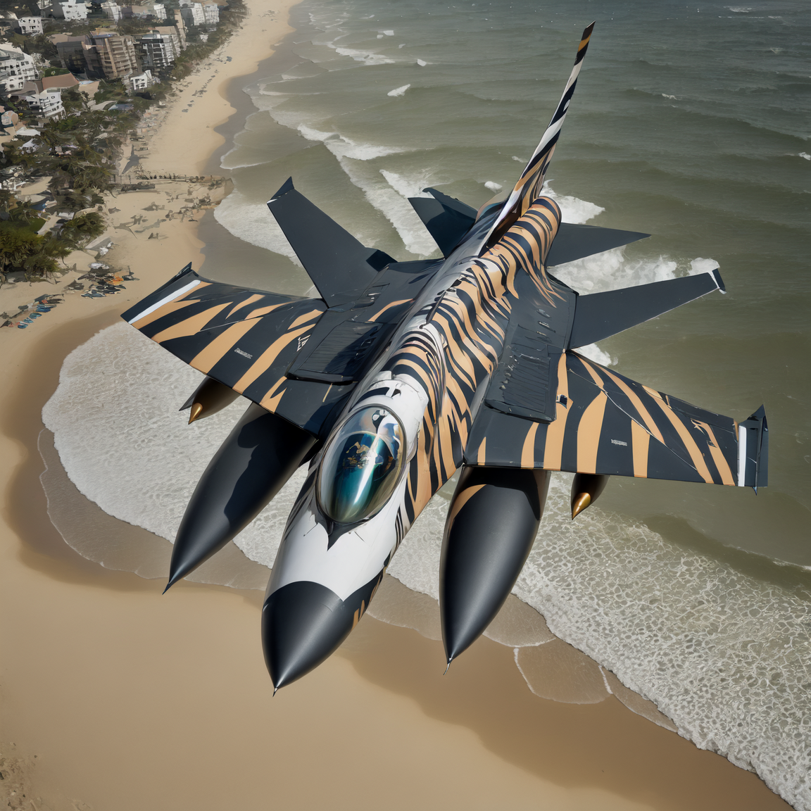 07997-4068199605-a professional photograph of a symmetrical (F-16 Fighting Falcon) with a tiger stripe paint job flying over a crowded beach, Gen.png